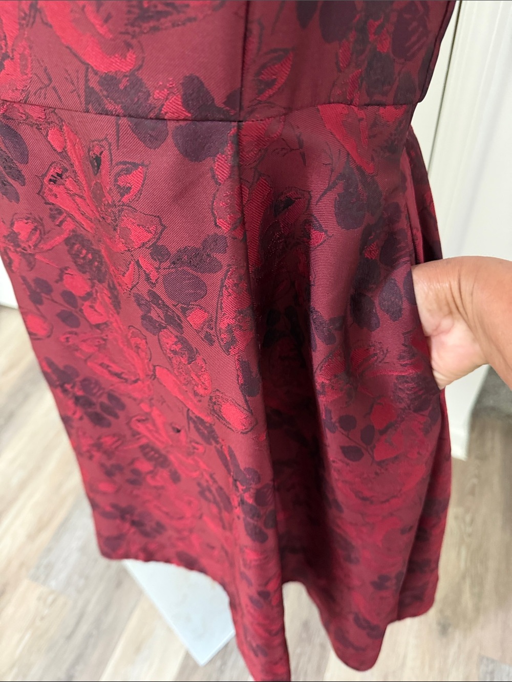 White House Black Market Burgundy and Black Floral Fit-and-Flare Midi Dress - Picture 4 of 9